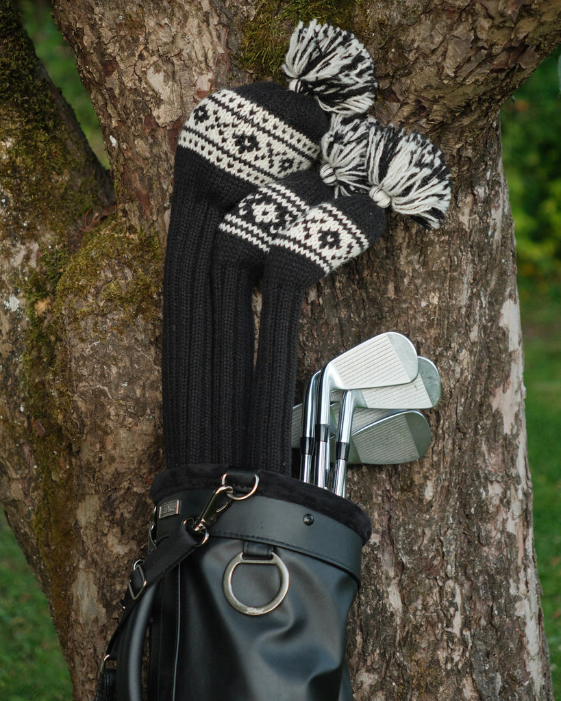 Knit wool headcovers from Ørn Golf Co. Nordic patterns in vintage golf bag. Driver, Fairway and Hybrid premium headcovers.